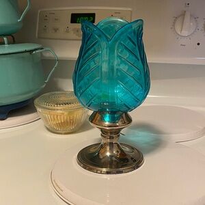 Peacock Blue Glass Tulip Candle Holder Compote with weighted Silver Base mcm